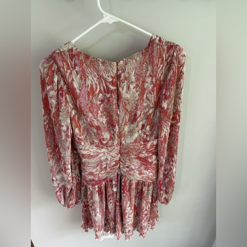 ASTR The Label Floral Long Sleeve Plisse Dress - Orange/Pink - Size Small - Picture 12 of 14